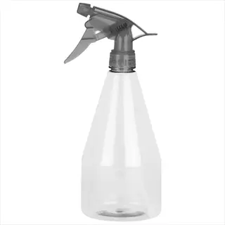clear plastic soap spray bottle with black trigger sprayer head (empty) on white background