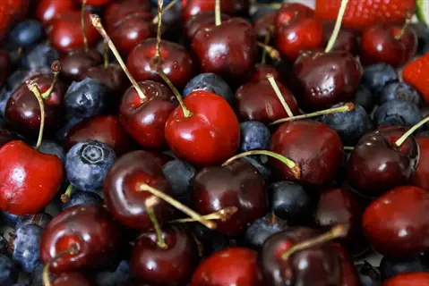 close-up of large, dark lapins cherries with glossy skin, mixed with blueberries and strawberries