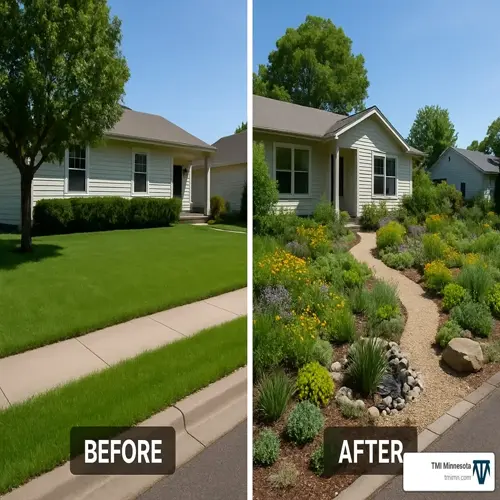 clover grass lawn comparison: before (traditional turf) vs after (pollinator garden with stone path, rocks, and native plants)