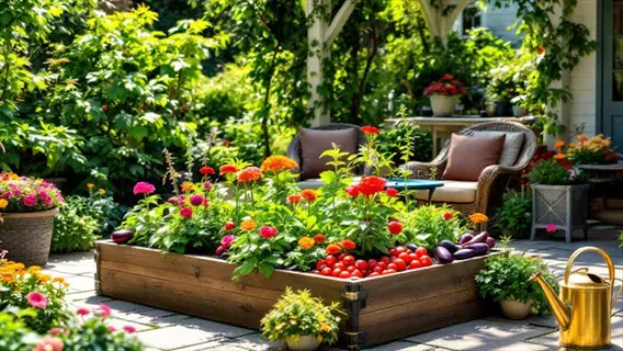 container vegetable garden on a patio with colorful flowers and tomatoes