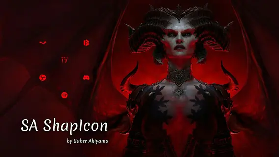 dark fantasy-themed image featuring xsenia cosmos with demonic horns and wings, text 'sa shaplcon by saber akiyama' on red background