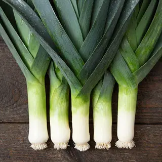 five leeks with slender white stems and green leaves on a wooden surface. required term: 'tadorna leeks slender'; no indication of 'tadorna'