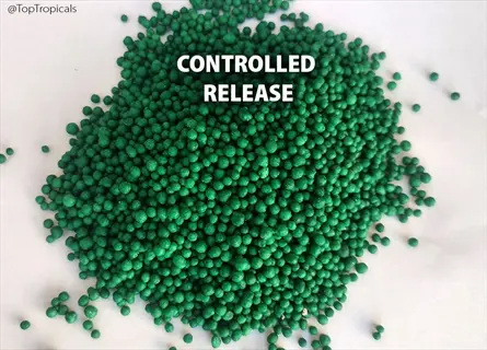green slow release fertilizer pellets with 'controlled release' text overlay on white background