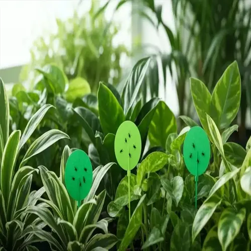 green sticky traps for scale insects plant treatment on leafy houseplants