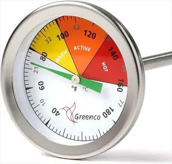 greenco soil thermometer for garden beds indicating warm/active/hot soil temperature ranges, used to monitor soil warmth before planting