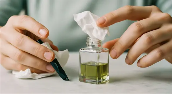 hands using white tissues to handle a small glass horticultural oil bottle with yellowish liquid and a dark applicator tool on a light surface