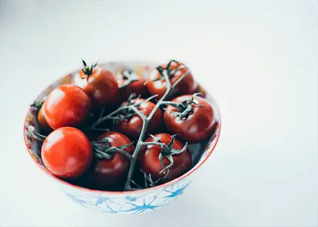 harvest of cherry tomatoes in a decorative bowl with vine clusters