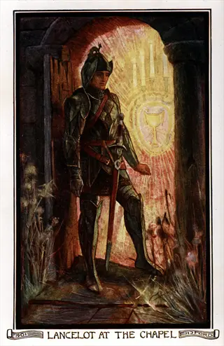 illustration of lancelot at the chapel, holding a sword, with text 'lancelot at the chapel'