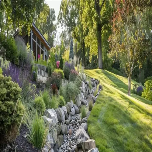 landscaped sloped garden with rock retaining walls, slope erosion control plants, lush grass, and a dry creek bed under sunny skies