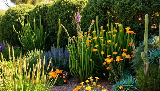 lush dense garden planting with diverse cacti, orange marigolds, purple blooms, and evergreen shrubs