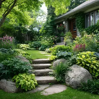 lush garden path with stone steps, blooming sweetspire shrub flowers, and greenery beside a cozy house