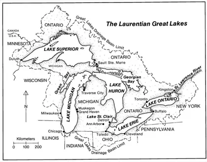 map of the laurentian great lakes highlighting lake boundaries, major cities, and scale in kilometers