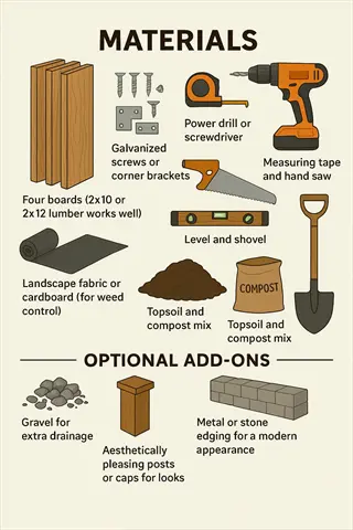 materials list for building raised garden beds including landscape fabric or cardboard for weed control