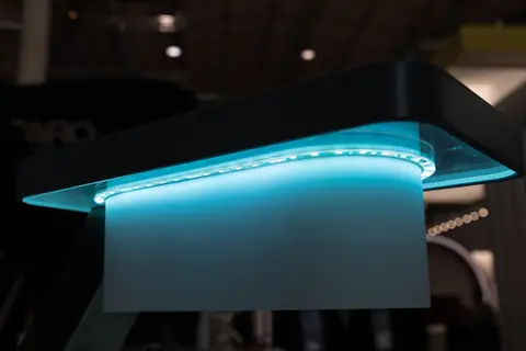 modern led strip grow light emitting blue spectrum light from a curved fixture, designed for plant cultivation and indoor gardening