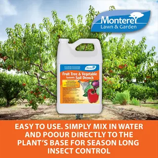 monterey systemic soil drench bottle in fruit tree orchard - plant systemic treatment soil for garden pest control