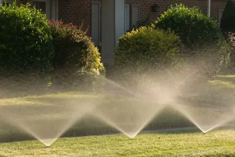 motion sprinkler garden setup with water spraying on grass and bushes