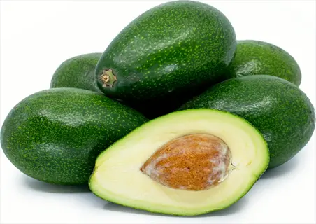 multiple green bacon avocado fruits piled together, one halved showing light green flesh and pit, on white background
