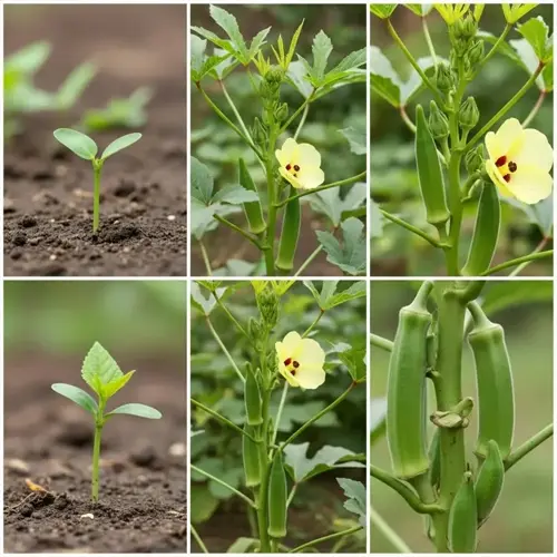okra plant growth stages in garden: seedlings, yellow flowers, and green pods