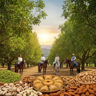 pistachio orchard landscape with riders on horses at sunset, surrounded by mountains and foreground of nuts/baklava