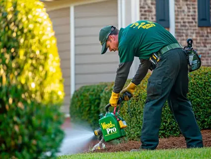 professional applying targeted lawn weed control spraying with weed pro herbicide sprayer in a residential front yard