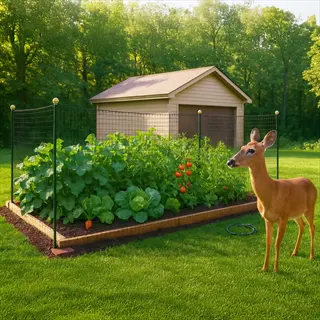 raised garden bed with mesh fencing, growing tomatoes and leafy greens, with a deer nearby