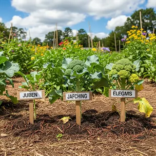 row of broccoli plants in a garden with labeled wooden signs, part of a broccoli garden row