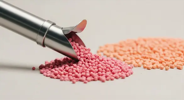 scooping systemic insecticide granules (pink pellets) with orange pellets for garden pest control