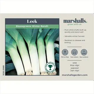 seed packet for blauwgroene winter bandit leeks, featuring fresh leeks and text about winter harvest and disease resistance