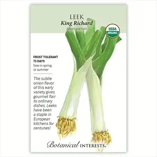 seed packet for king richard leeks, highlighting frost tolerance and 75-day harvest, with illustration of leeks