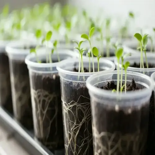 seedlings growing indoors in transparent plastic pots with visible roots and soil
