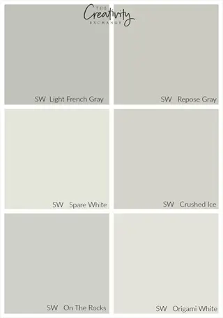 sherwin-williams paint swatches grid featuring sw light french gray, repose gray, and other shades with the creativity exchange logo