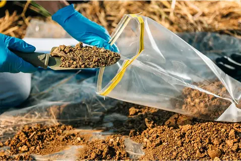 soil test kit laboratory with gloved hands scooping soil into bag