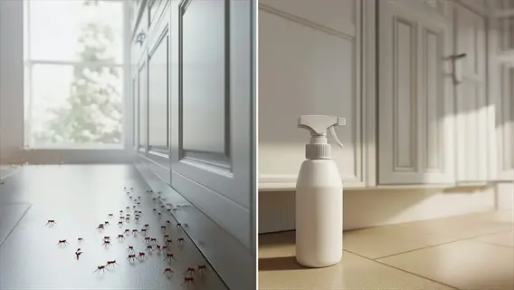 split view: ants trailing on kitchen floor (left) and white neem oil spray bottle near cabinets (right) in a bright, clean kitchen setting