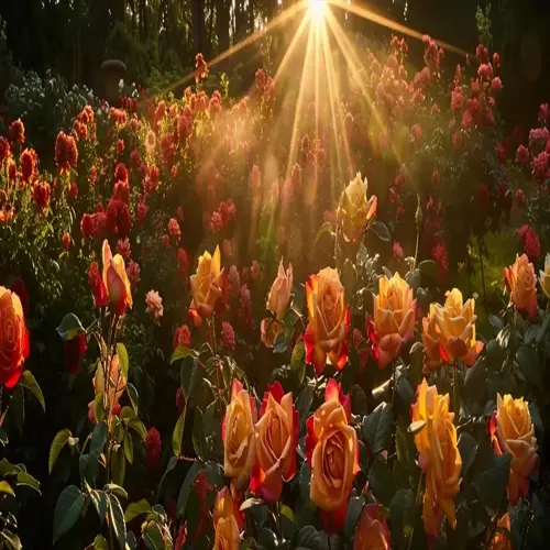 sunlit rose garden with vibrant multicolored blooms emerging from rich rose garden soil