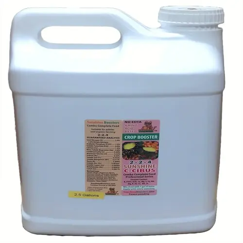 sunshine c-cibus 2.5-gallon fish emulsion fertilizer bottle with amino acid-based crop booster label and nutrient ratio 2-2-4