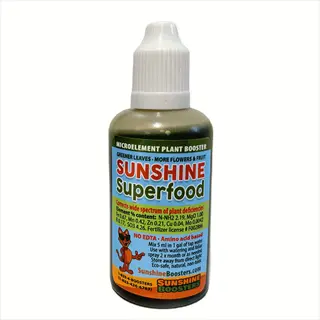 sunshine superfood liquid plant fertilizer bottle with colorful label and dropper cap