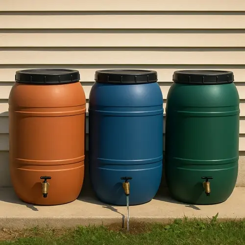 three colorful rainwater collection barrels in a garden setting with water flowing from the spigot
