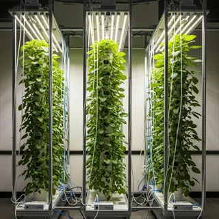 vertical hydroponic towers growing lush green plants under overhead led tube grow lights in an indoor farm setup