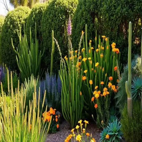 vibrant landscaped shrubs garden border with cacti, orange flowers, and lush greenery under sunlight