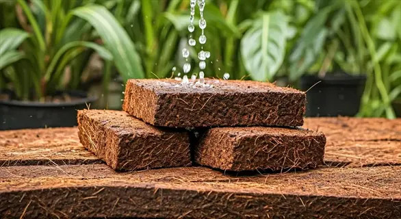 water pouring onto stacked compressed coconut coir bricks in a garden setting for coconut coir gardening